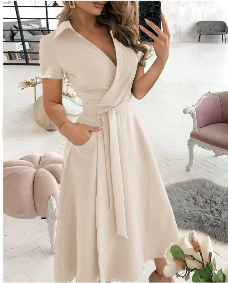 

Женское длинное платье с поясом, однотонное винтажное элегантное платье-рубашка с коротким рукавом и V-образным вырезом, офисный летний сарафан