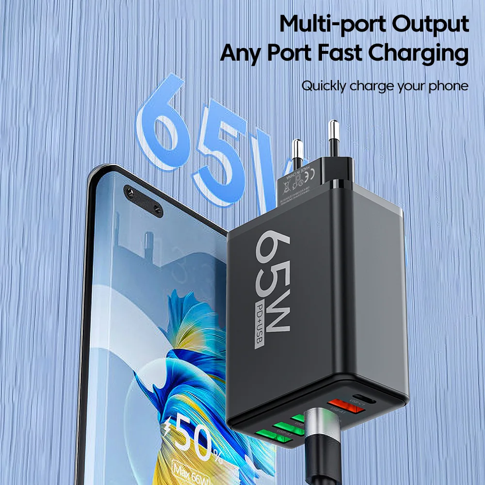 Адаптер Быстрой Зарядки USB-C Мощностью 65 Вт. 6-портовое Зарядное Устройство.