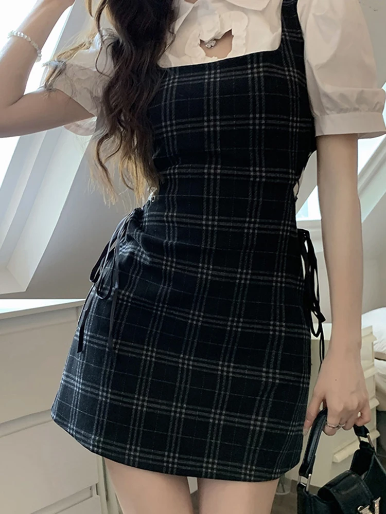 

Plaid Pattern Korean Style Short Dresses Women Japanese Kawaii Mini Dress Female Sleeveless Hollow-out Dress Summer 2023