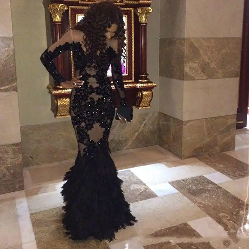 

Luxury Black Feather Prom Dresses for Women Beads Appliques Long Sleeves Mermaid Formal Occasion Vestidos Para Mujer فستان 2023