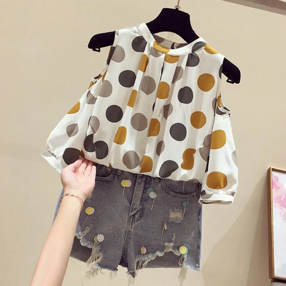 

Dot Print Oversized Thin Casual Pullovers Stylish Women's O-neck Cold Shoulder Tops for Office Streetwear
