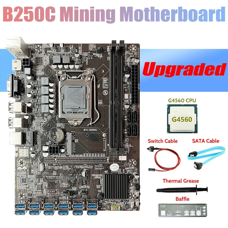 

B250C ETH Miner Motherboard+G4560 CPU+Baffle+SATA Cable+Switch Cable+Thermal Grease 12USB3.0 GPU Slot LGA1151 For BTC