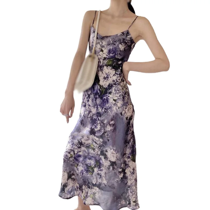 

Summer Women New Retro Print Mid-length Suspender Skirt Thin Waist Temperament Sexy Purple Dress ASDQWE1