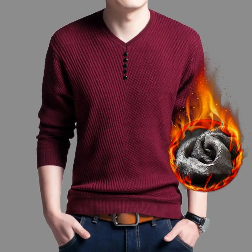 

Мужской пуловер, свитер, Мужская трикотажная одежда с V-образным вырезом, теплая флисовая подкладка, украшение на пуговицах, однотонная осенне-зимняя флисовая подкладка