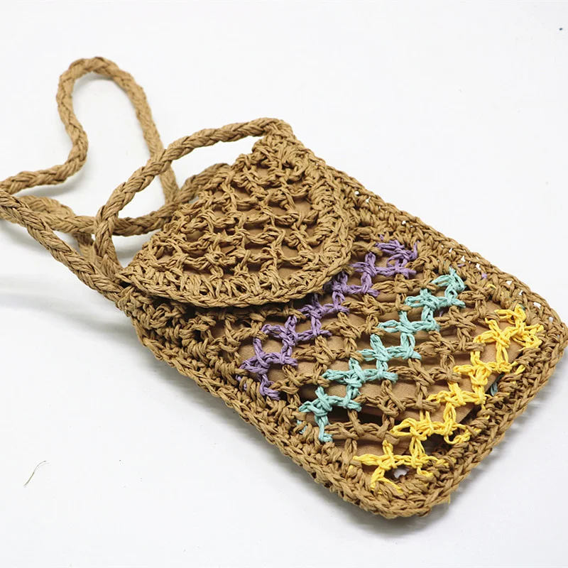 

New mobile phone straw woven bag shoulder messenger woven bag beige camel