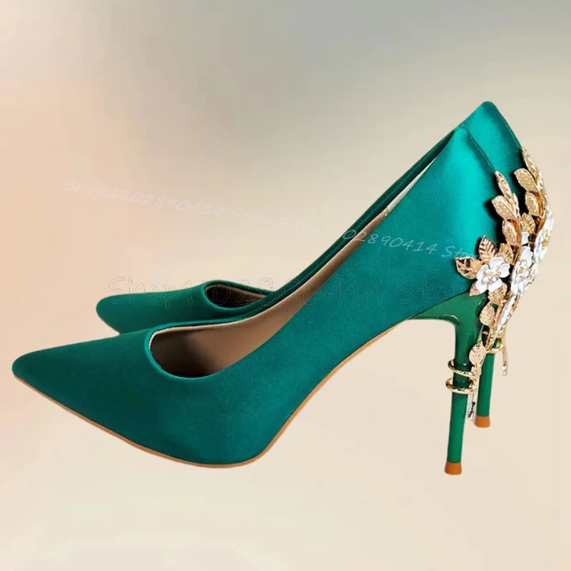 Туфли-лодочки женские зеленые шелковые с острым носком на тонком высоком каблуке