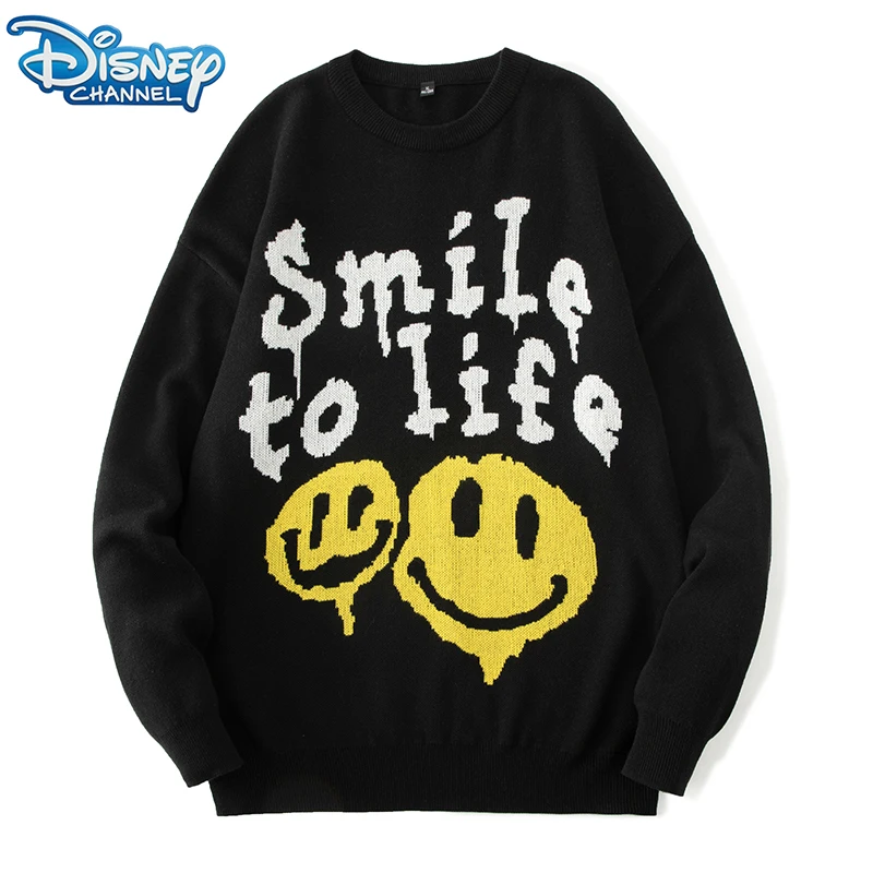 

Disney Mens Oversized Sweater Male 2022 Winter Smile Hip Hop Knitted Harajuku Streetwear Pullover Jumper Korean Sweater Men