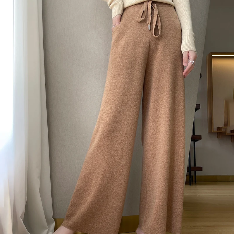 New 100% wool and cashmere women's wide-leg pants long knitted solid color women's pure wool wide-leg pants high-end and comfort
