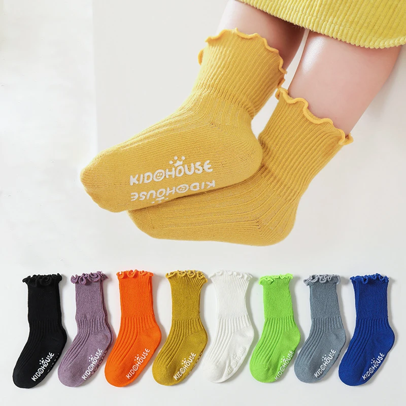 

Осенние носки для маленьких мальчиков, носки для новорожденных с оборками для маленьких девочек, однотонные зимние теплые Нескользящие Детские Школьные носки из хлопка