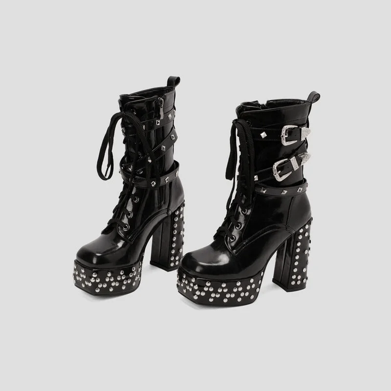 2022 Women's Autumn and Winter New European and American Fashion Rivets Square Toe Thick High-heeled Boots Lace-up Ankle Boots