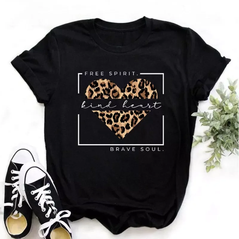 

2023New Women Tshirt Leopard Heart Print T-shirt Casual 90s Fashion Black T Shirt Clothes Graphic Tshirt Lady Female Tee Tshirt