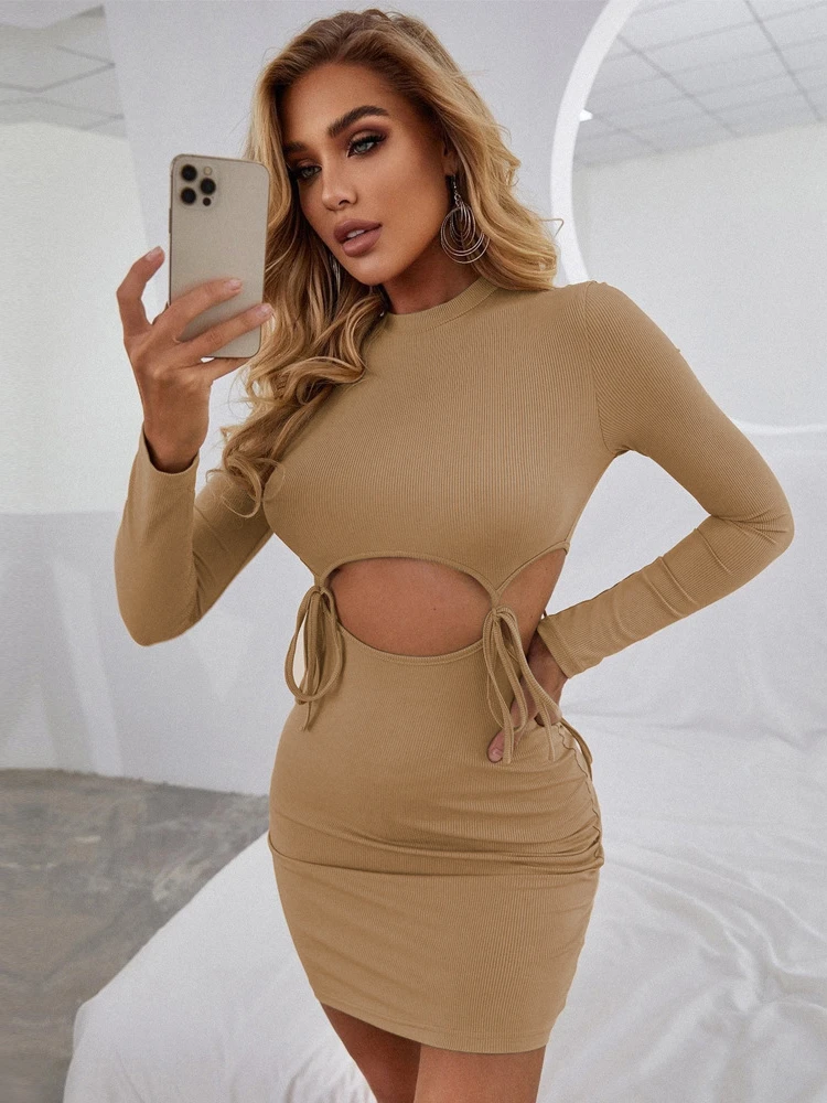 

Women Solid Color Long Sleeve O Neck Cut Out Bodycon Mini Dress Autumn Exotic Elegant Party Luxury Fashion Sexy Dresses 2022