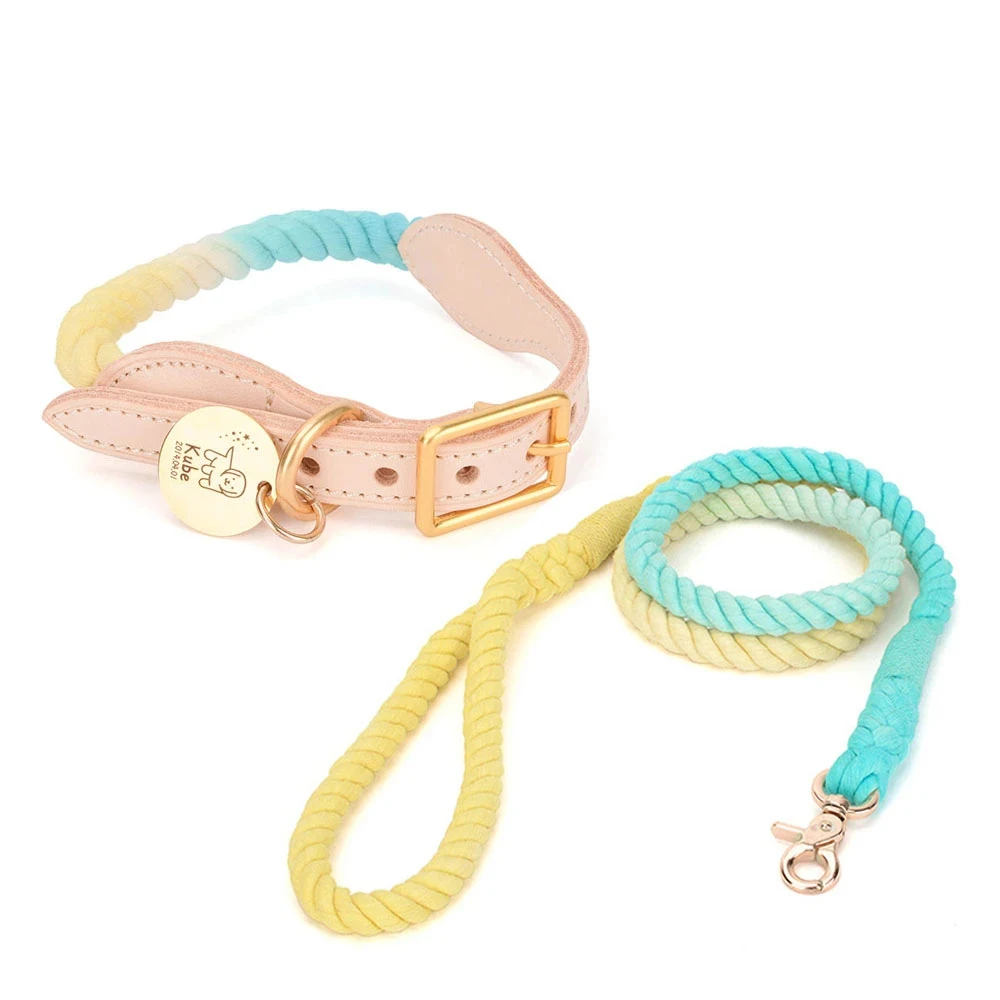 

Luxury Genuine Leather & Cotton Rope Dog Collar Leash Set for Dogs Small Medium Large Pet Adjustable Accessories Puppy Harness