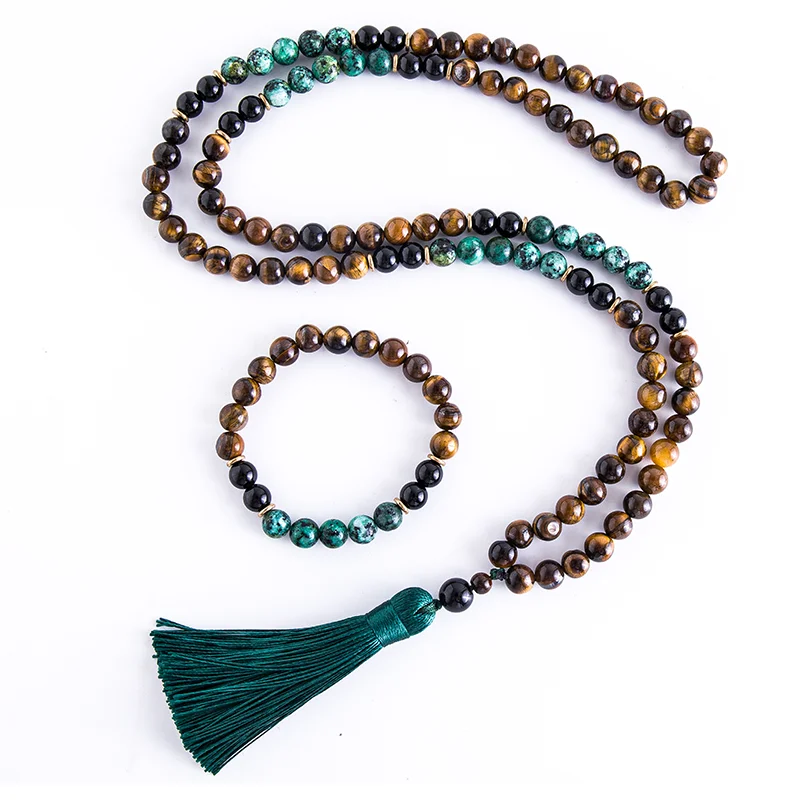 

8mm Tiger Eye African Turquoise Black Onyx Necklace 108 Mala Prayer Beads Meditation Yoga Japamala Jewelry Set for Men and Women