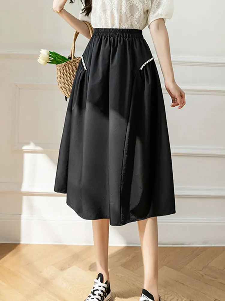 

harteen Black Long Skirt Casual High Waist Skirts Women 2022 Ladies Elegant Beading A-line Skirt Faldas Largas Jupe Longue Femme