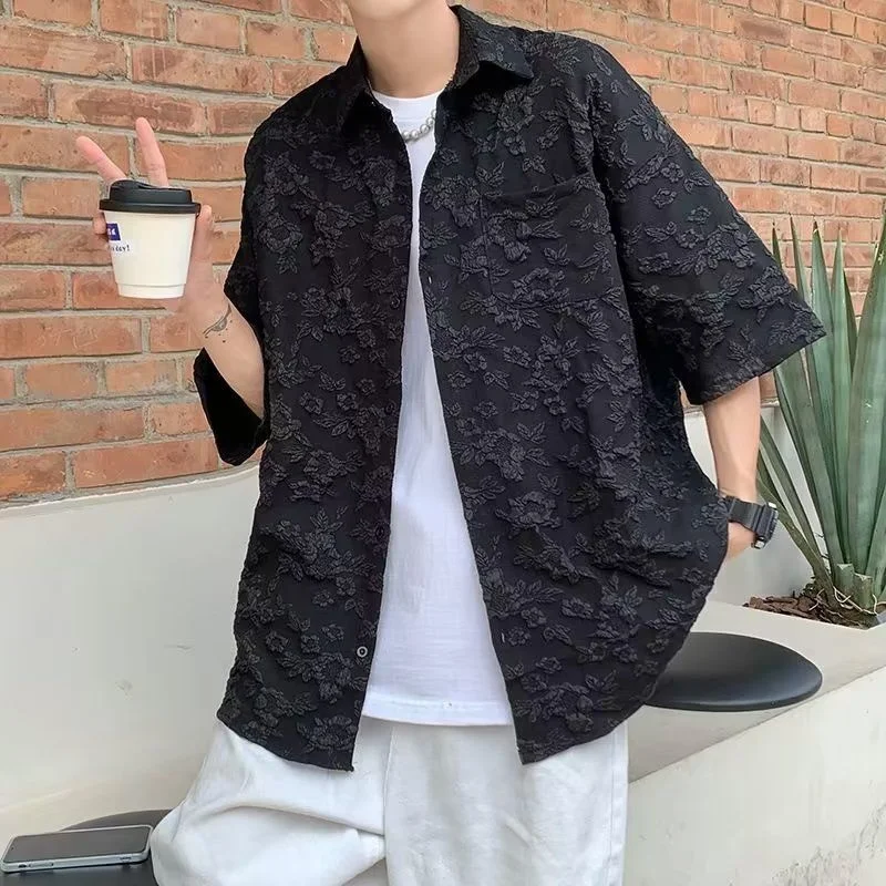 

HybSkr Summer Embossed Trend Solid Men's Shirts Harajuku Short Sleeve Male Blouses All-match Short Sleeve Korean Style Tops