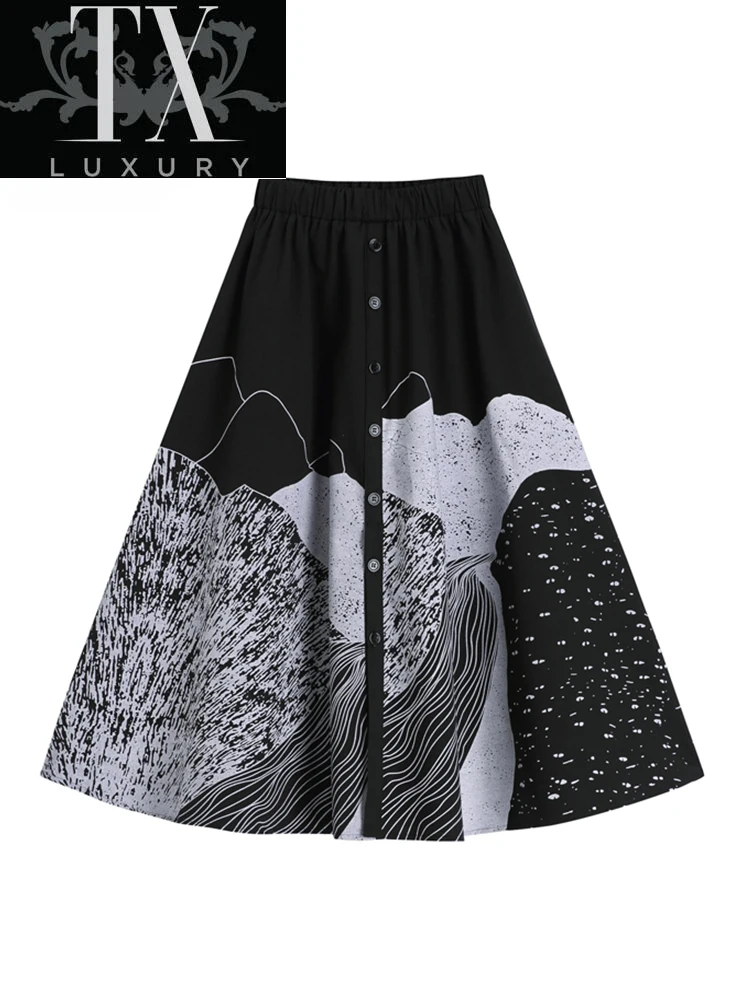 

New Fashion Vintage Autumn Winter Women High Waist Female Korean Streetwear Elegant Long A line Skirt Ladies Printing
