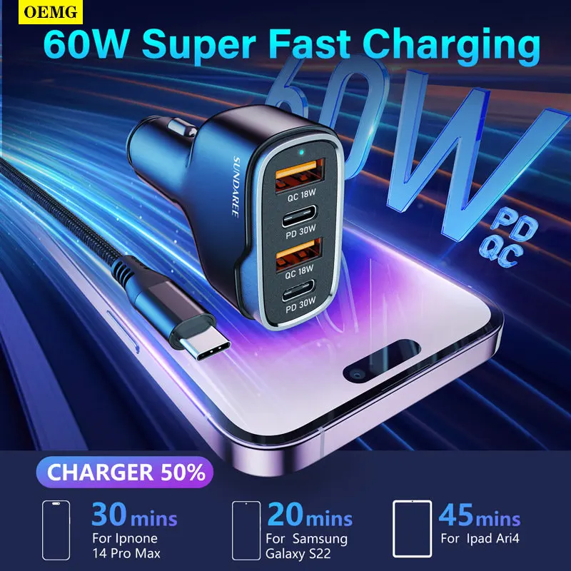 

60W Car Charger Quick USB PD30W QC3.0 18W for Xiaomi Huawei Samsung iPhone 12 13 14 Pro Fast Charging Car Phone Charger