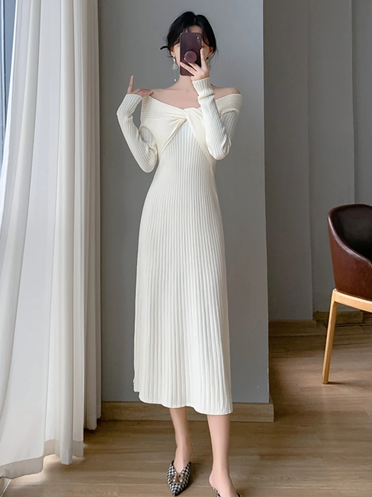 

Autumn Winter Long Sleeve Midi Knitting Sweater Dresses for Women Party Elegant Vestidos De Mujer Sexy Base White Robes 2023