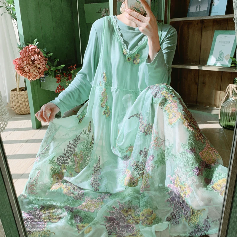 

Женское длинное платье из двух частей, шифоновое шелковое платье дворцового цвета с длинными рукавами и V-образным вырезом, с кружевной выши...