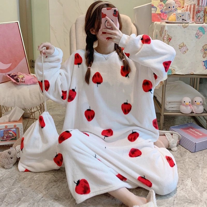 

Winter Thick Warm Flannel Long Gowns Women Rainbow Striped Kawaii Nightgowns Sleepwear Negligee Strawberry Loungewear Drop-Ship