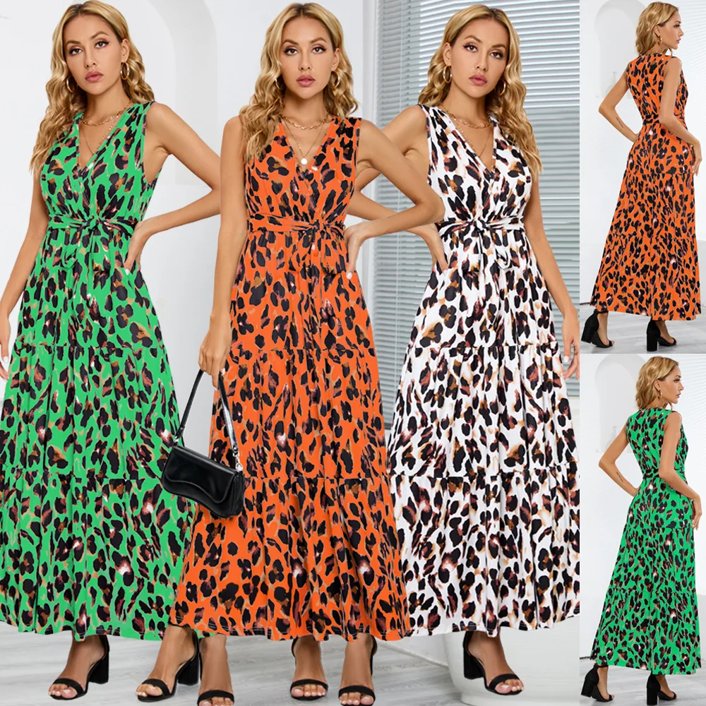 

2023 Spring Explosion V-neck Leopard Print Thin Lacing Dress Fashion Long Dresses Women's Large Size