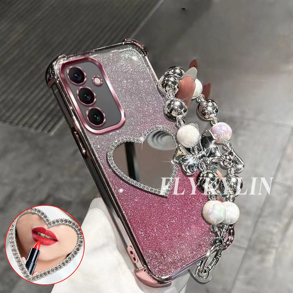 Фото Для Samsung S26 S25 S24 S23 S22 S21 Plus Ultra Edge S20: Защитный чехол с зеркалом, браслетом и блестками, противоударный №1