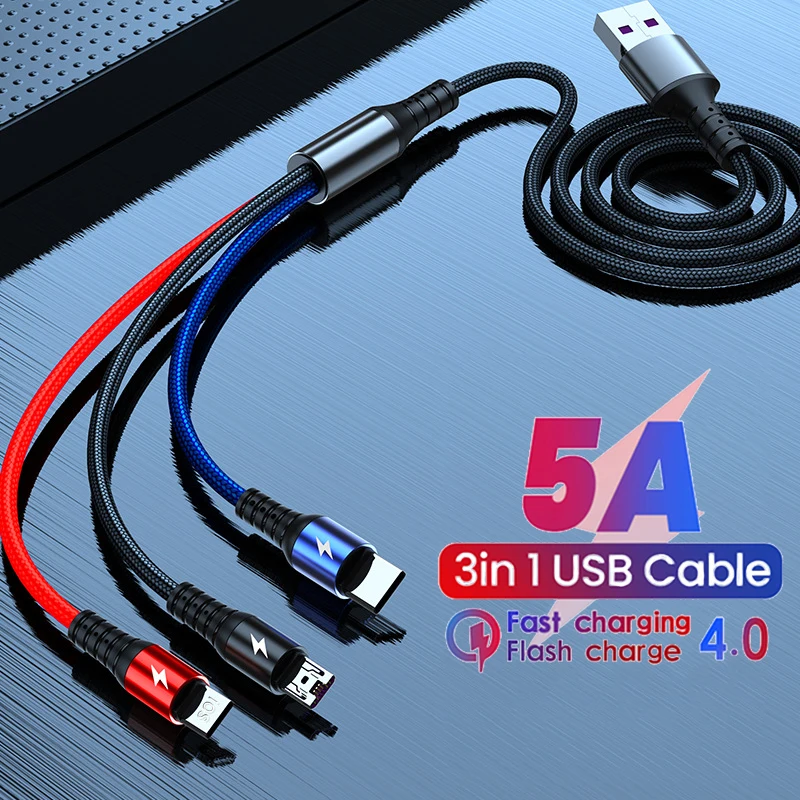 

3 in 1 USB Cable 5A Type C Charge Cable Super Fast Charging For iPhone 14 13 Samsung Xiaomi Huawei Wire Micro USB Phone Charger