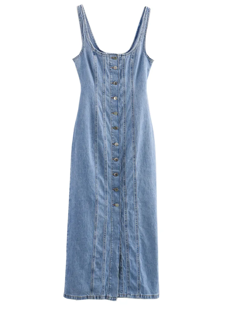 Женское джинсовое платье-миди на пуговицах спереди с круглым вырезом