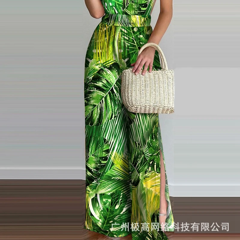 Women Jumpsuits Sexy Slim Print High Waist Jumpsuits Women Spaghetti Strap V-neck Halter Backless Slit Wide Leg Jumpsuits