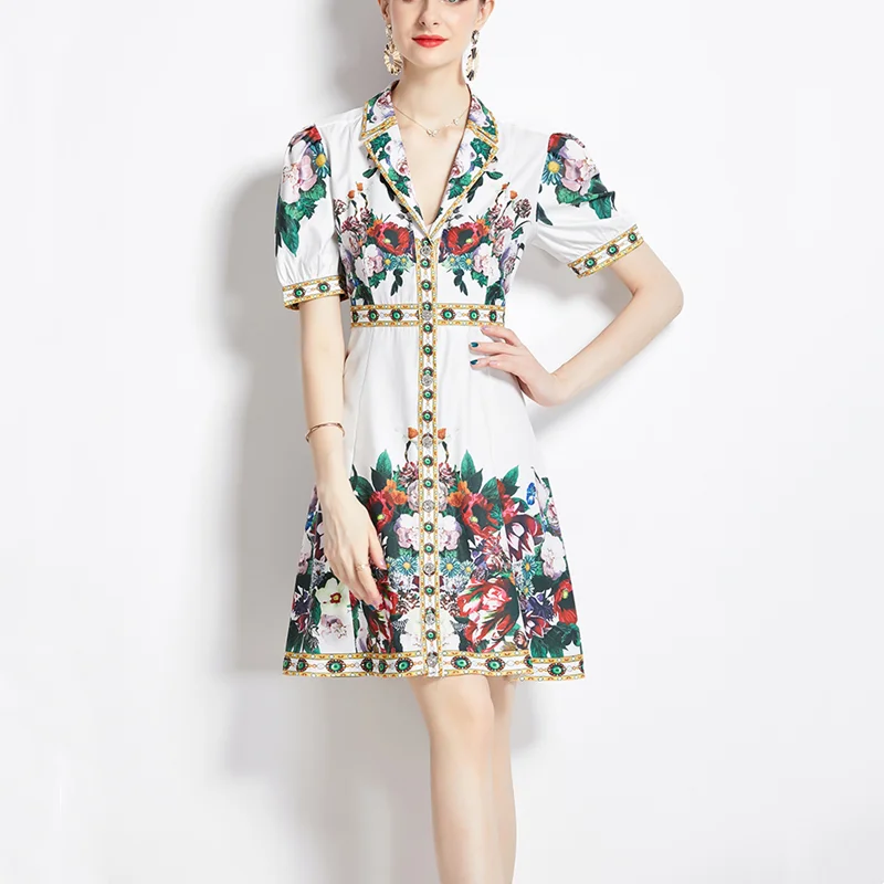 

New Summer High Waist Vintage Fashion Print Mini Dress Turn Down Collar Lantern Short Sleeve Single Breasted Women's Wear