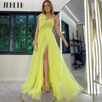 jeheth summer a line yellow prom dresses 20220one shoulder big bow tulle pleated high slit evening party gown vestidos de fiesta