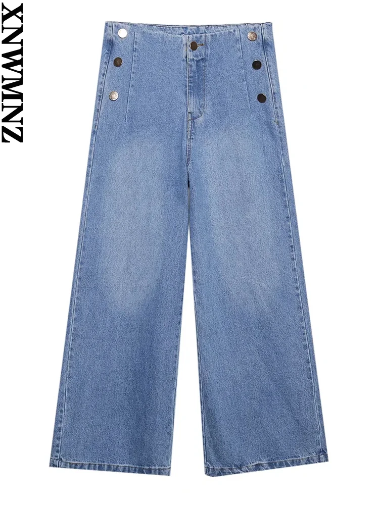 

XNWMNZ women fashion with buttons cropped wide-leg jeans female Casual high-waist loose jeans Japanese trousers Korean pants