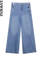 xnwmnz women fashion with buttons cropped wide leg jeans female casual high waist loose jeans japanese trousers korean pants