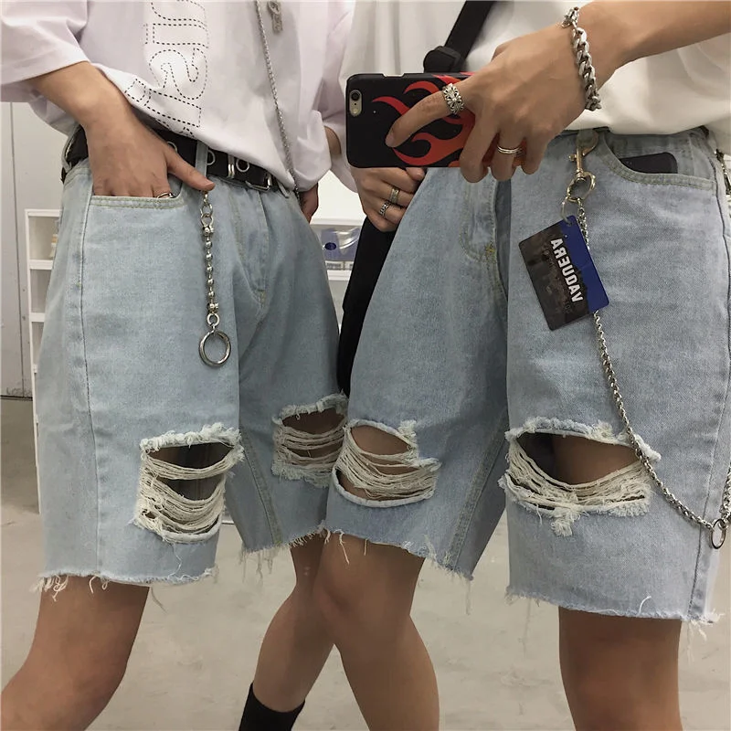 Men's Jeans Mens Shorts Youth Korean Ins Solid Color Hole Denim 2022 Summer Loose Pants Sky Blue