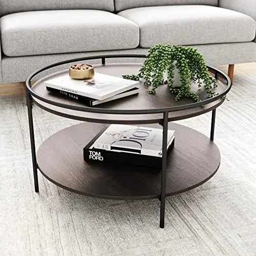 

Round Coffee Tea or Cocktail with Raised Tray Top Edge Tables, 2-Tier Minimalist Style Living Room, Dark Oak/Matte Black