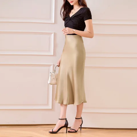 2023 Женская Блестящая облегающая шелковая юбка с высокой талией, юбка средней длины, Шелковая гладкая юбка с рыбьим хвостом