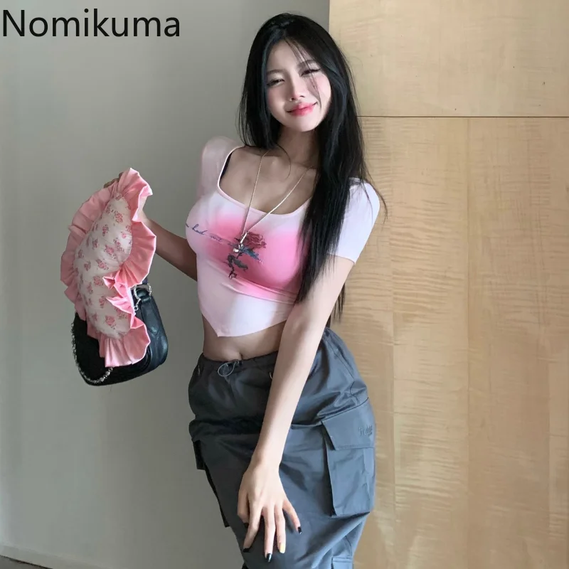 

Топы Nomikuma Y2k, летняя футболка с коротким рукавом, квадратным вырезом и асимметричным подолом для женщин, винтажная Милая модная сексуальная женская одежда
