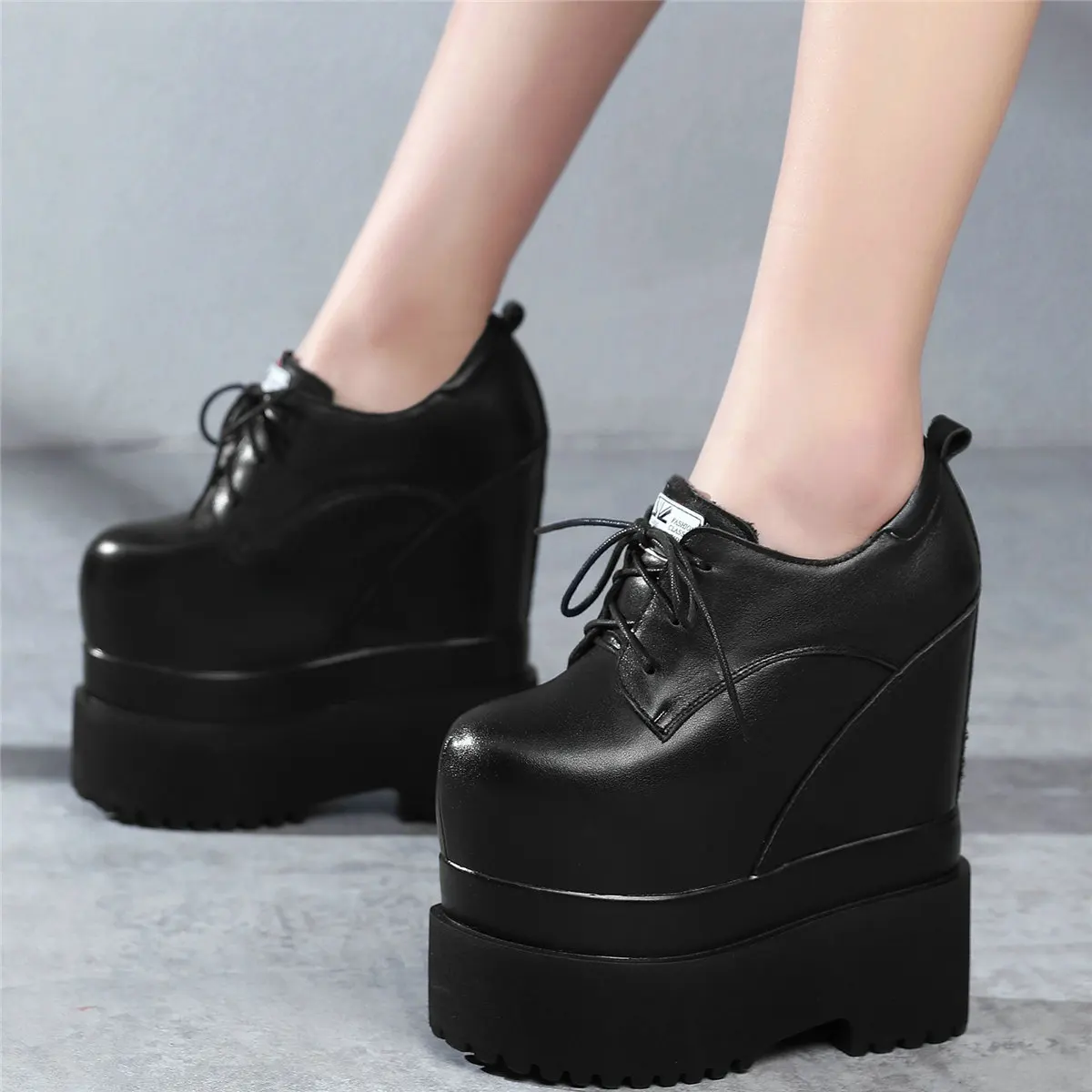 Fashion Sneakers Women Lace Up Genuine Leather Super High Heels Ankle Boots Female Round Toe Chunky Platform Pumps Casual Shoes