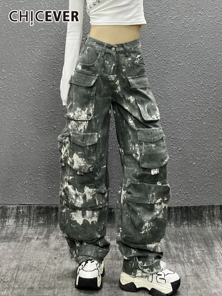 

CHICEVER Vintage Colorblock Denim Cargo Pants For Women High Waist Patchwork Pockets Streetwear Autumn Loose Chic Trouser Female