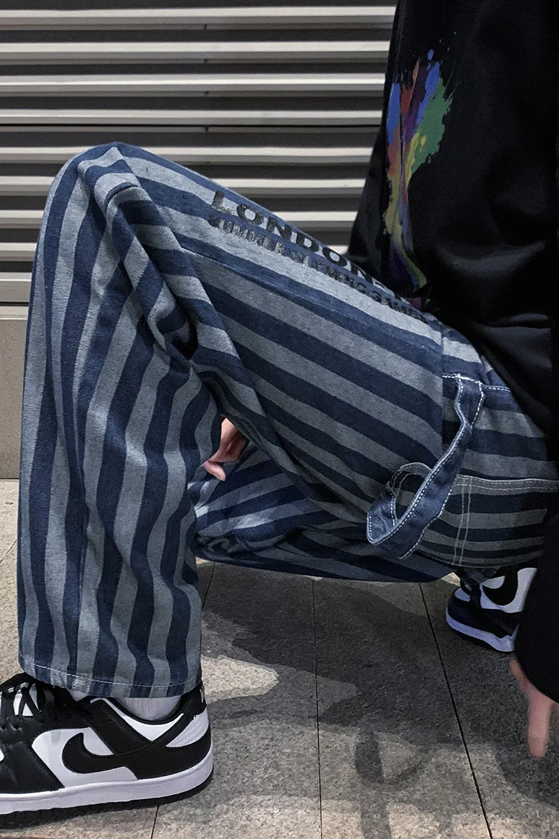 2022 Spring New Men's Blue Striped Baggy Jeans Korean Fashion Straight-leg Denim Wide-leg Pants Male Branded Trousers