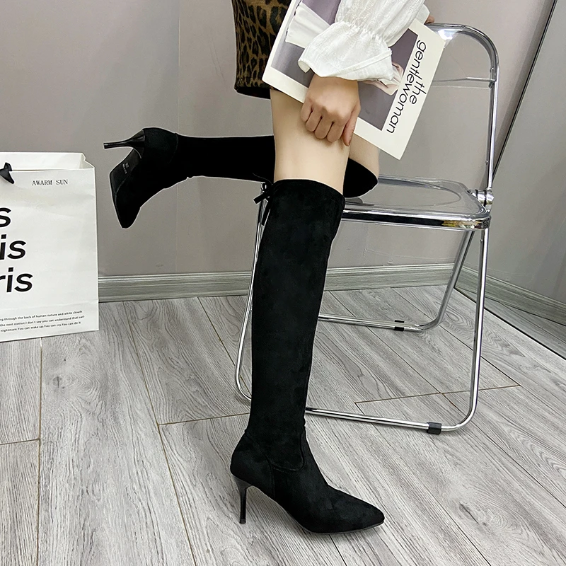 Women's Boots Autumn and Winter Elastic Cloth Socks Middle Boots Sexy Ladies High Quality Pointed Toe Knee-high Nude Boots