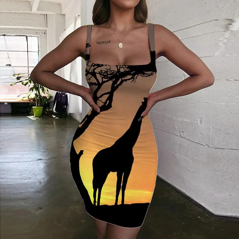 

KYKU Landscape Dresses Women Animal Vestido Sexy Sunset Halter Sleeveless Womens Clothing Summer Beach Boho Fashion