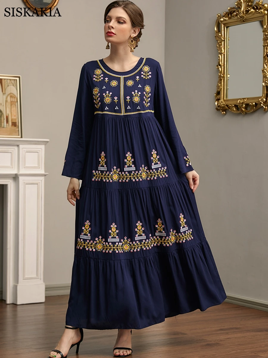 

Siskakia Long Sleeve Dress Navy Blue Casual Ethnic Floral Embroidery Arab Oman Kuwait Muslim Clothes for Women Empire Pleated