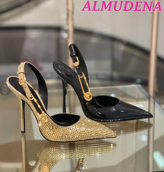 2023 Women Gold Crystal Buckled Slingback Pumps Black Embellished Pointed Toe Leather High Heels Luxury Designer Party Shoes