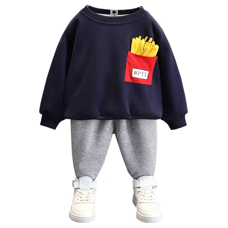 

Boys O-neck Long Sleeve Potato Chips Print Pullover Hoodies+Grey Pants 2pcs Clothing Sets Sports Sets