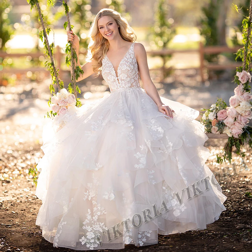 

VIKTORIA Elegant Wedding Dresses Tiered Tank V-neck For Women 2023 Bridal A-LINE Appliques Tulle Vestidos De Novia Custom Made