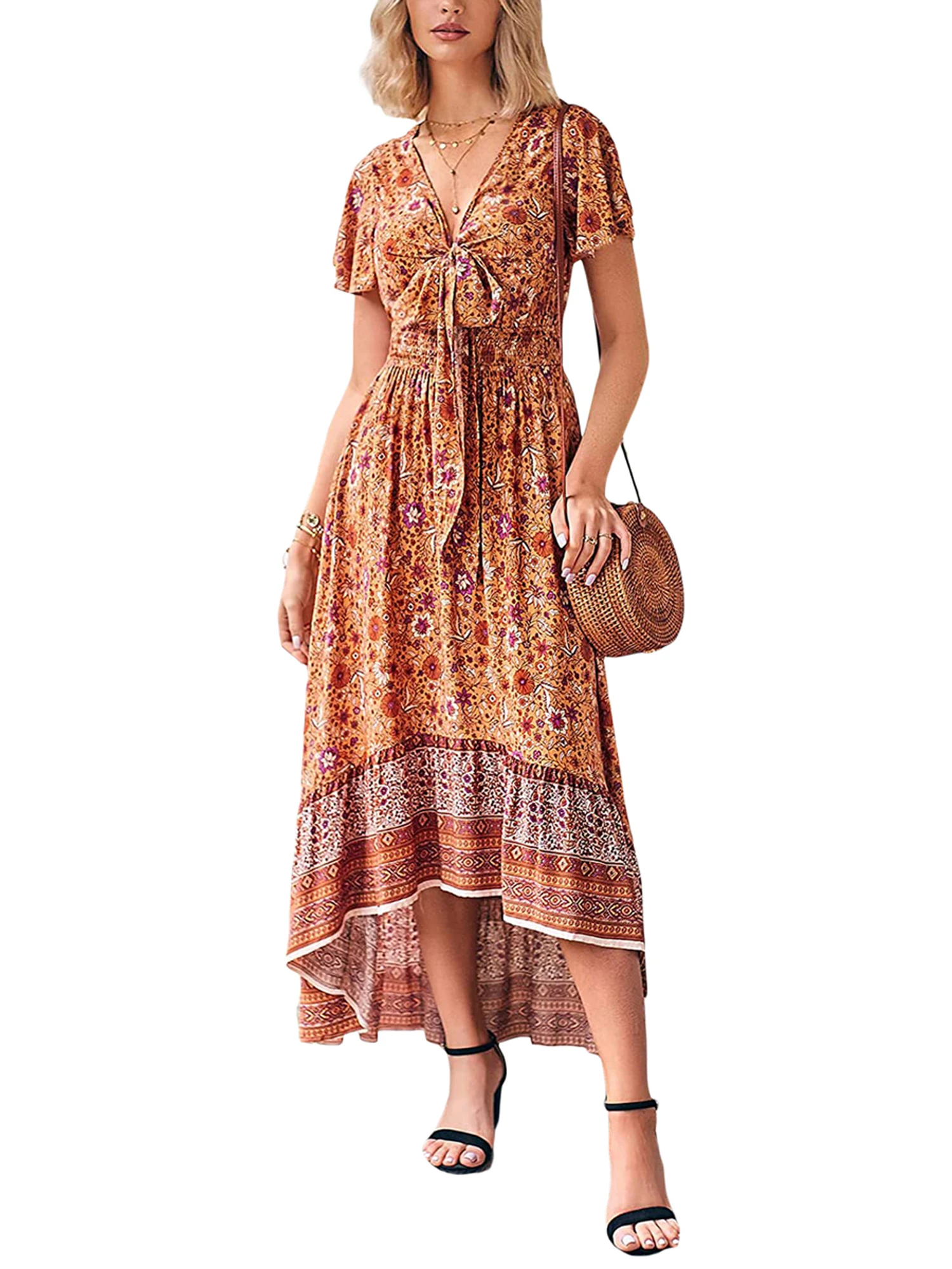 Bohemian Chic Women s Short Sleeve V Neck Floral Long Dress with Irregular Hem and Tie Up Detail - Perfect for Summer Holidays