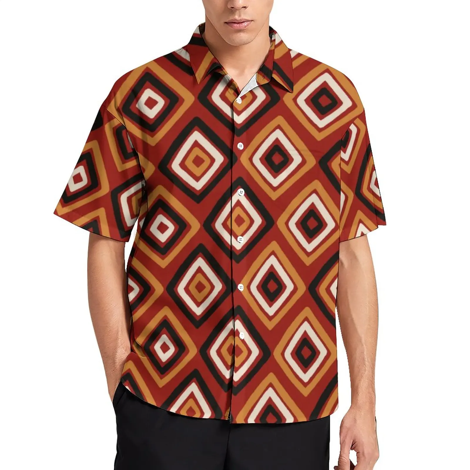 

African Styles Loose Shirt Man Vacation Retro Geometry Casual Shirts Hawaiian Design Short-Sleeve Street Style Oversize Blouses