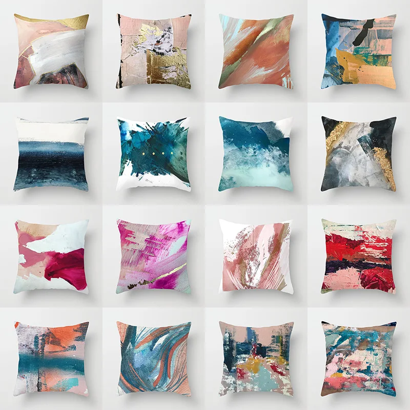 

Abstract Hand Painted Pillowcase Geometric Colorful Pattern Polyester Cushion Cover Living Room Sofa Background Decoration